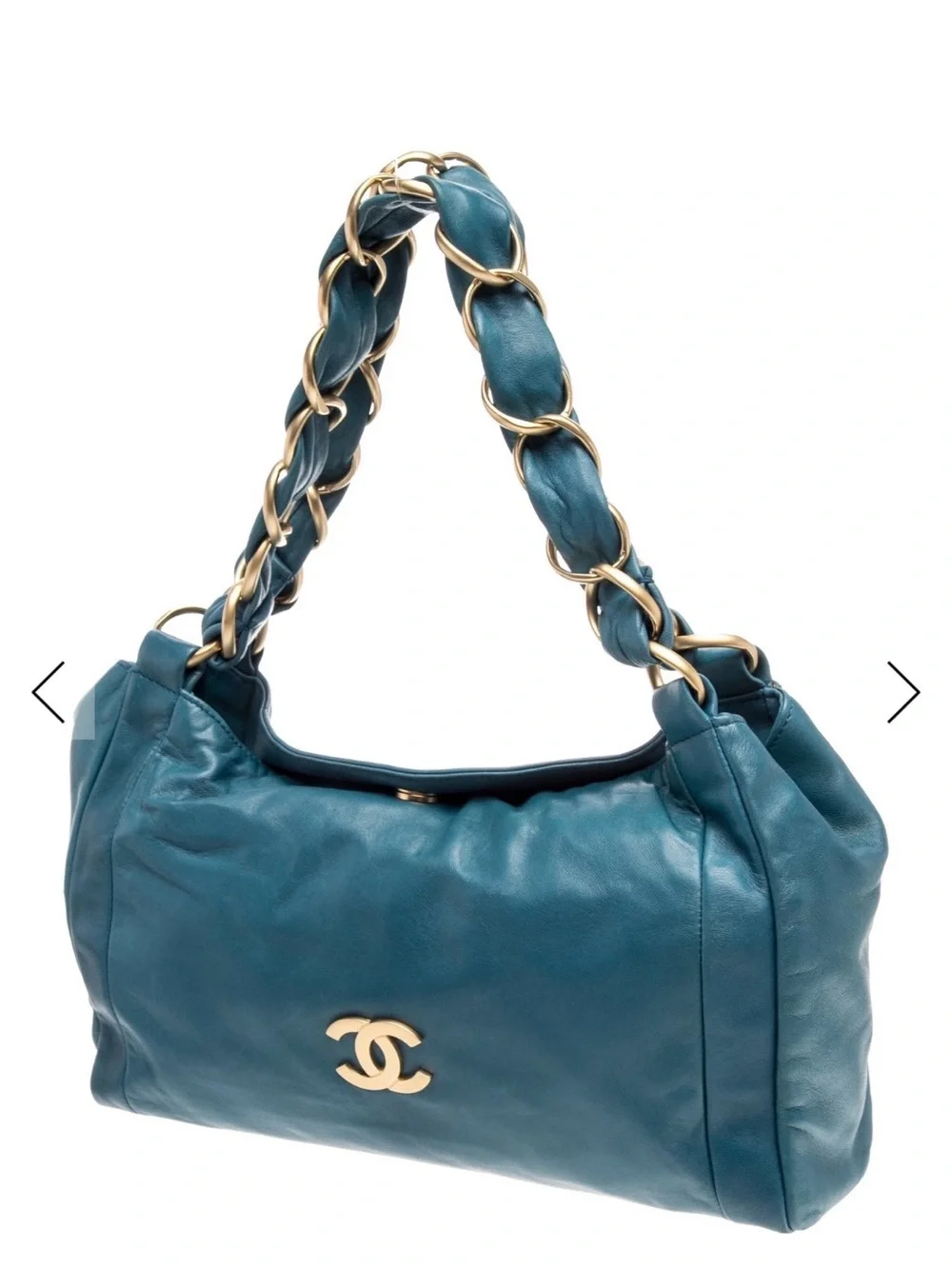 CHANEL Teal Leather Shoulder Bag with Gold Chain Strap